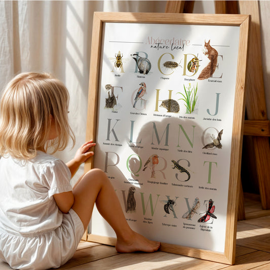 Affiche de l’abécédaire de la faune et de la flore posée au sol, observée avec curiosité par un enfant, découvrant la richesse de la biodiversité.