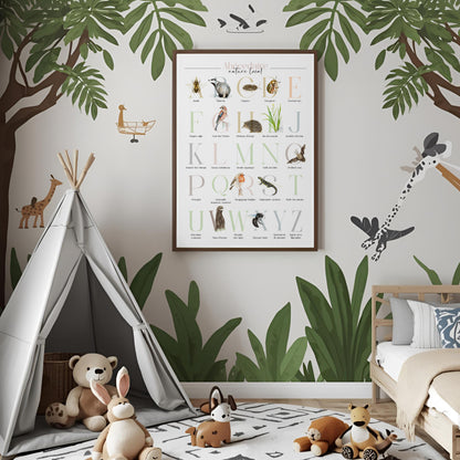 Illustration encadrée de l’abécédaire de la faune et de la flore présenté dans une chambre d’enfant, ambiance naturelle.