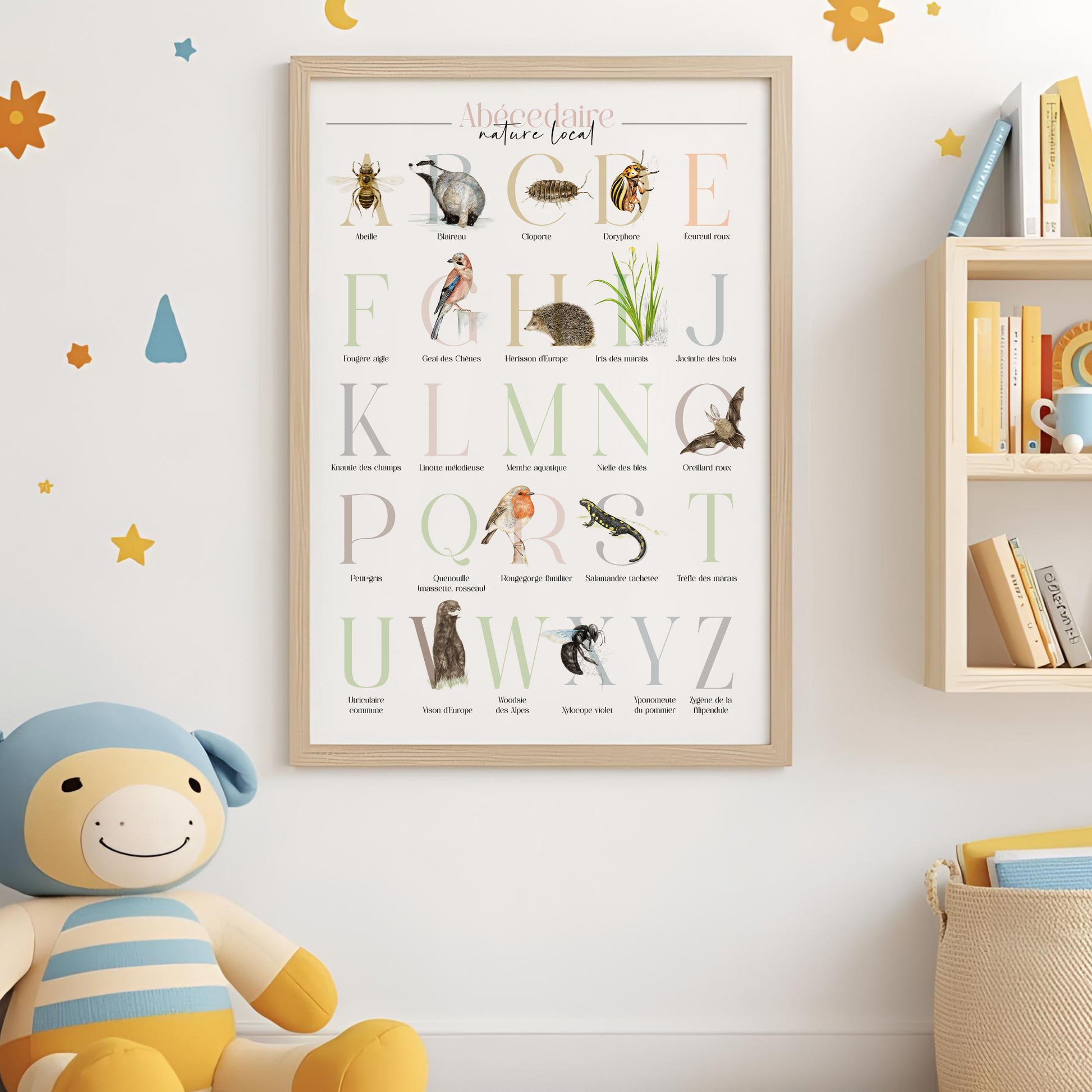 Illustration encadrée de l’abécédaire de la faune et de la flore, accrochée au mur dans une chambre pour enfant.