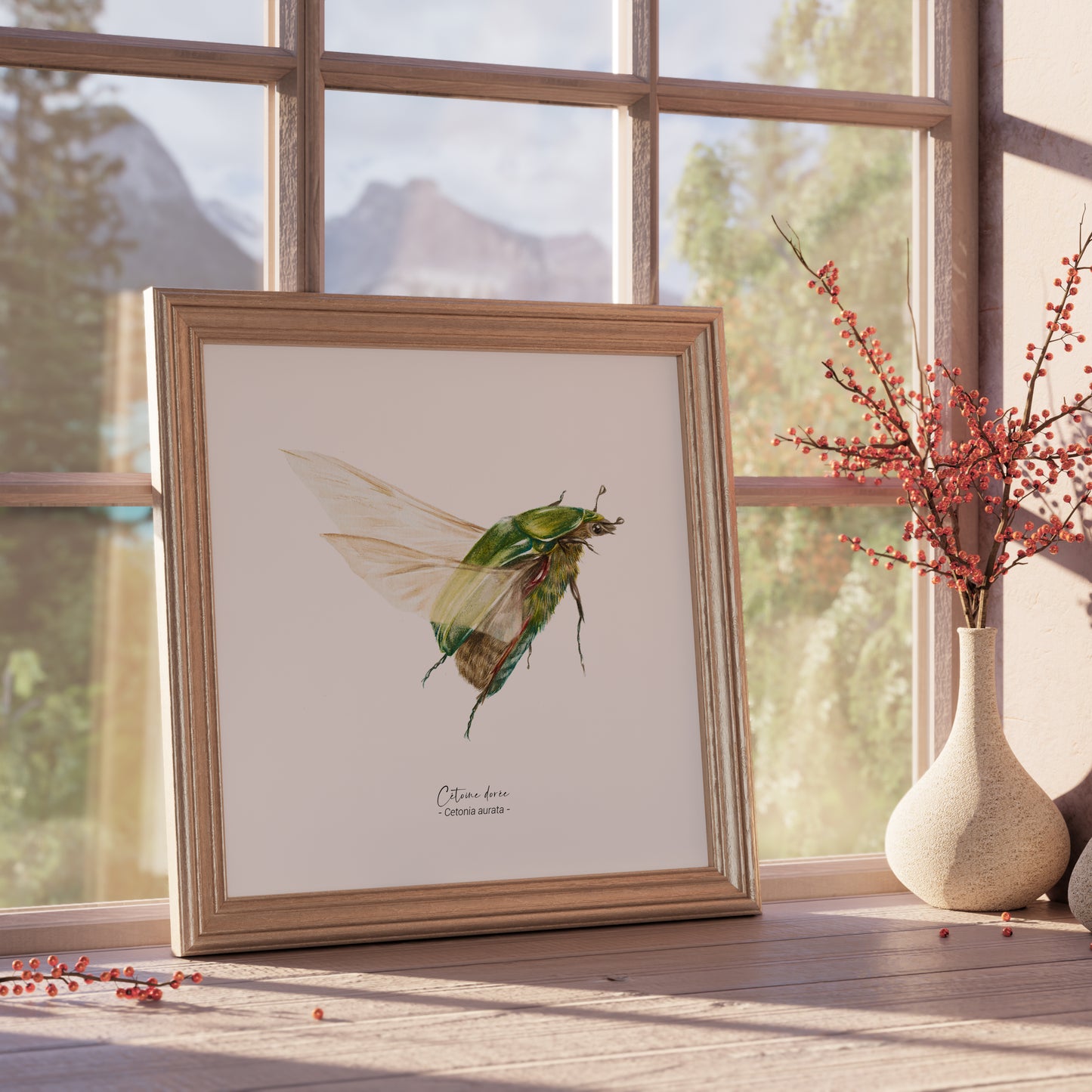 Affiche à l’aquarelle représentant une Cétoine dorée, illustration naturaliste de Marine Capitaine.