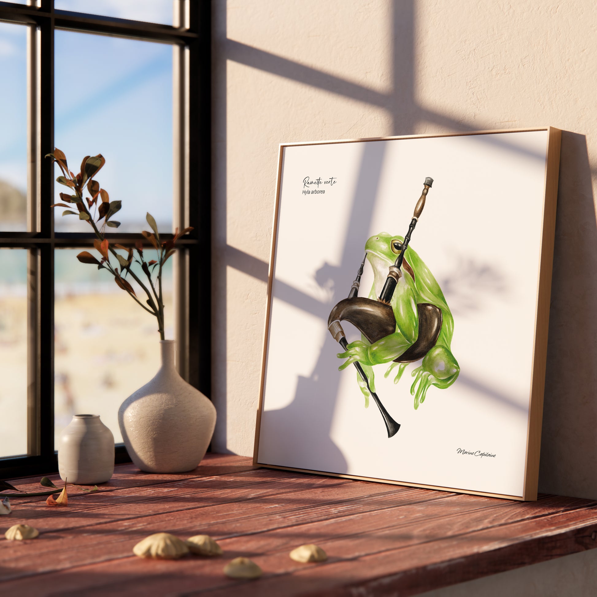 Affiche illustrée d’une rainette jouant du biniou à l’aquarelle – Marine Capitaine.