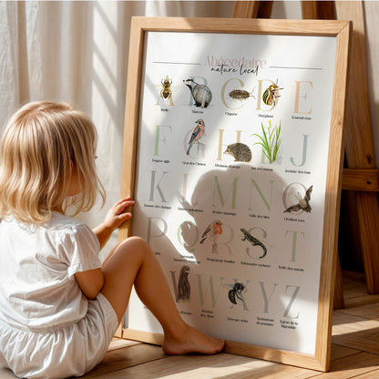 Affiche de l’abécédaire de la faune et de la flore posée au sol, observée avec curiosité par un enfant, découvrant la richesse de la biodiversité.