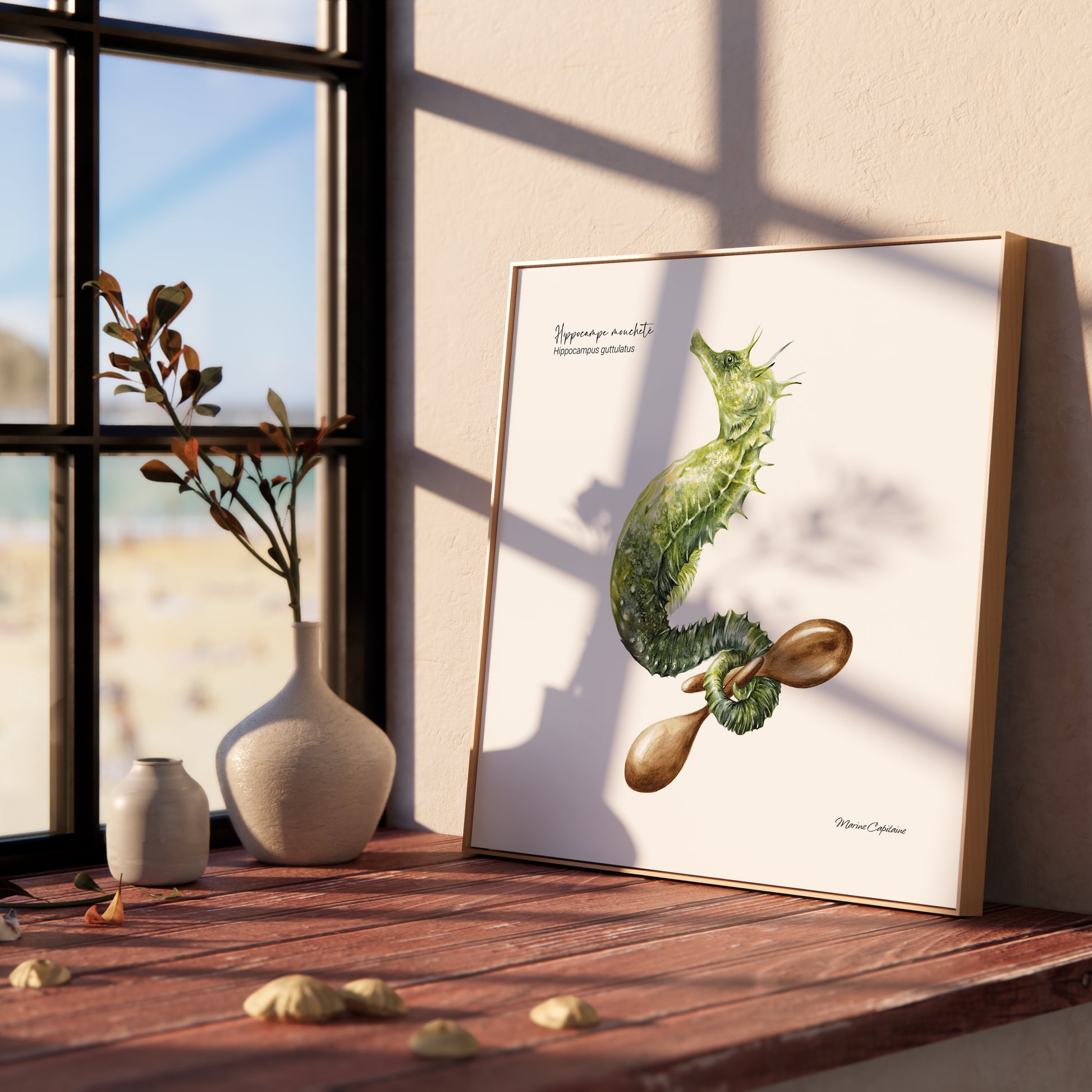 Affiche à l’aquarelle représentant un hippocampe tacheté jouant des maracas, illustration naturaliste de Marine Capitaine.