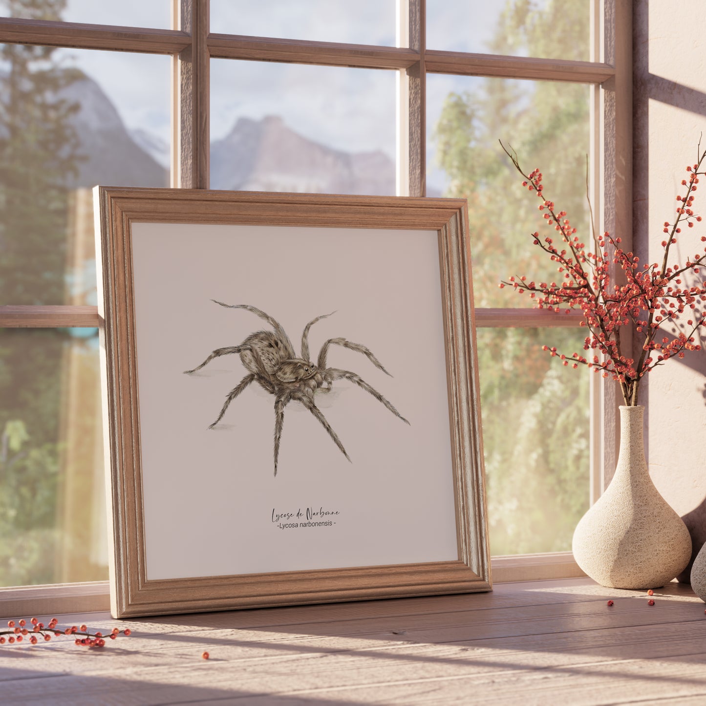 Affiche illustrée de la lycose de Narbonne, l’une des plus grandes araignées de France – illustration naturaliste Marine Capitaine.