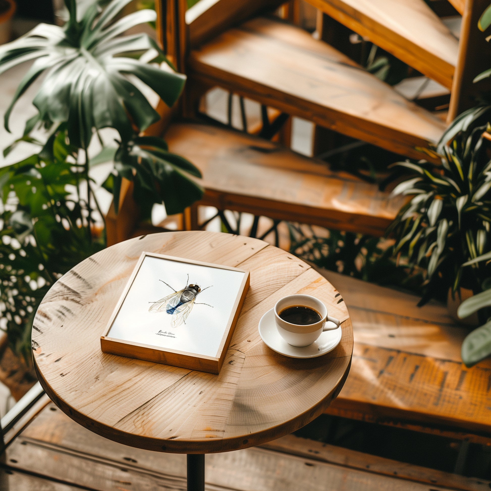 Affiche à l’aquarelle représentant une Mouche bleue, petit insecte commun de nos cuisine. Illustration naturaliste de Marine Capitaine.